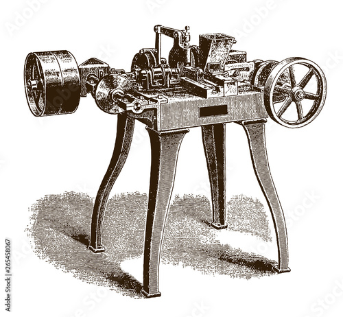 Historical semi-automatic wire-milling machine (after an etching or engraving from the 19th century)