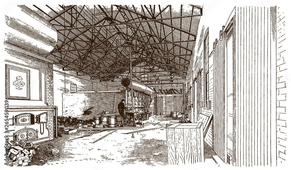 Fototapeta premium Interior view of a historical boiler house of a factory (after an engraving or etching from the 19th century)