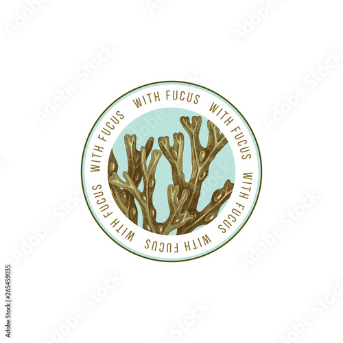 Round emblem with hand drawn Fucus algae