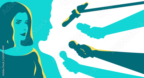 Woman interview. Silhouette of human. Stylized retro style. Pop art people. Side view in profile. Template. Simple realistic minimal design. Hands with microphone. Flat style vector illustration.
