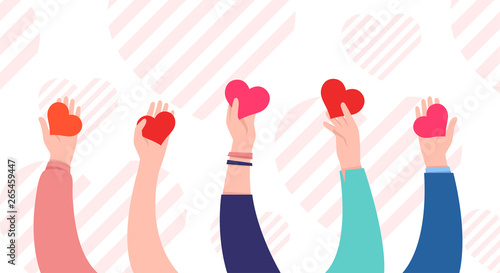 Hands with hearts. Charity and donation concept. Sharing love. Valentine's day. Cute simple design. Beautiful background, greeting card. Hand holding heart symbol. Flat style vector illustration.