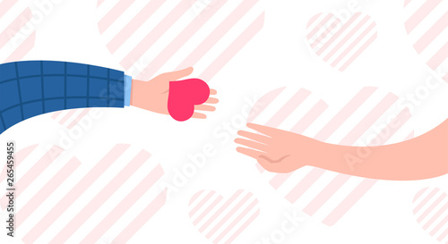 Hands with hearts. Charity and donation concept. Sharing love. Valentine's day. Cute simple design. Beautiful background, greeting card. Hand holding heart symbol. Flat style vector illustration.