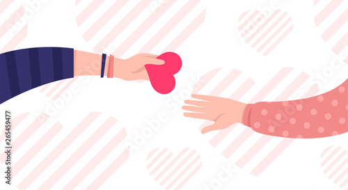 Hands with hearts. Charity and donation concept. Sharing love. Valentine's day. Cute simple design. Beautiful background, greeting card. Hand holding heart symbol. Flat style vector illustration.
