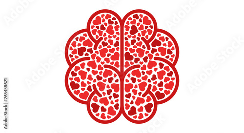 Hearts in brain isolated on a whit background. Fall in love. Conflict between emotions and rationality. Icon or logo. Red color. Simple modern design. Valentine's day. Flat style vector illustration.
