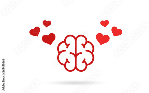 Brain and heart isolated on a whit background. Brain in love. Conflict between emotions and rationality. Icon or logo. Red color. Simple modern design. Valentine's day. Flat style vector illustration.