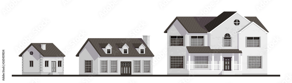 Country houses set. Cute simple cartoon design. Wooden huts. Flat style vector illustration.