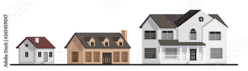 Country houses set. Cute simple cartoon design. Wooden huts. Flat style vector illustration. © Ihor