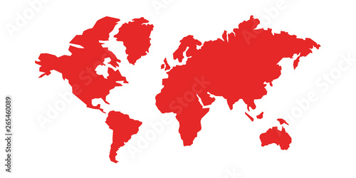 World map isolated. Low poly stylized map. Simple cartoon design. Simplified minimal style. Red color. Flat style vector illustration.
