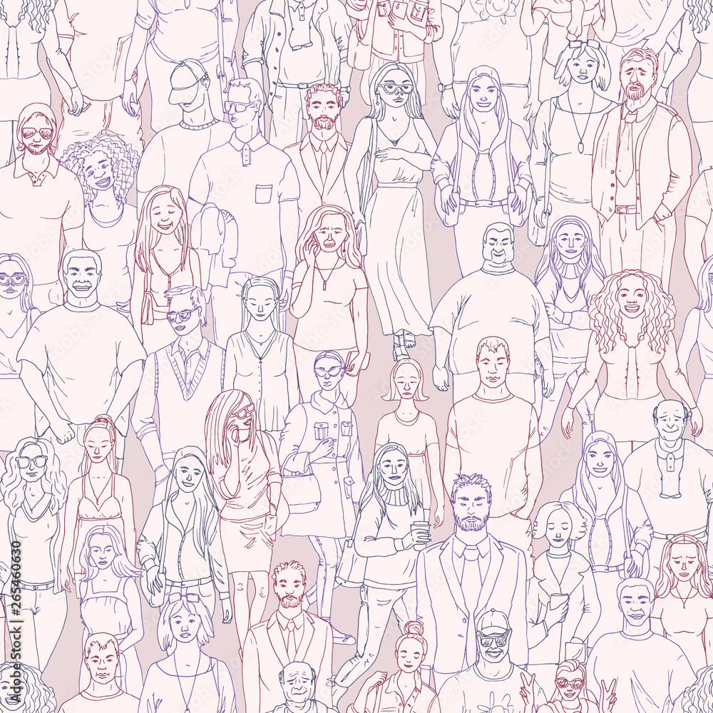Seamless pattern of hand drawn people faces. Vector illustration of crowd of people