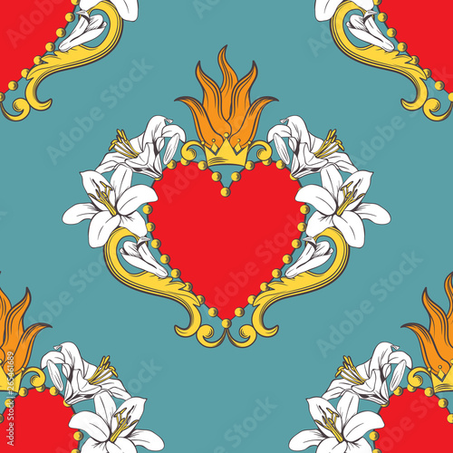 Seamless damask pattern with beautiful ornamental red hearts with lilies,flame, crown. Vector illustration