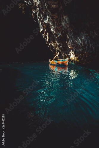 Boat on the lake. Melissani lake, Kefalonia, Greece