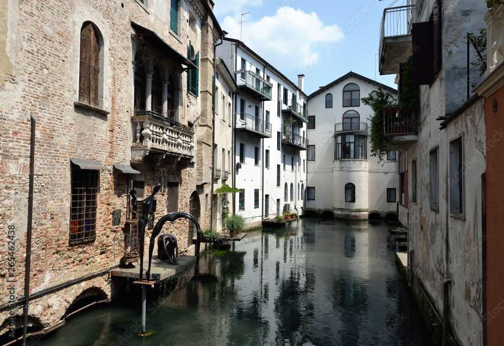 Northern Italian town of Treviso in the province of Veneto, it is located close to Treviso, Padua and, Vicenza. View of the city of Treviso Italy. Venetian architecture in Treviso, Italy.