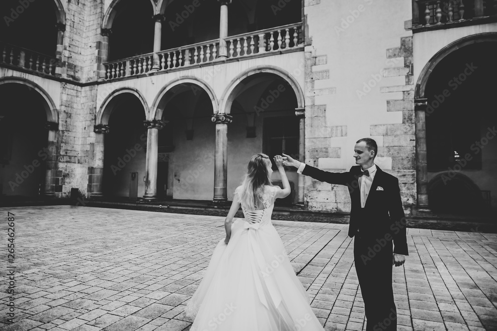 Obraz premium Gorgeous wedding couple walking in the old city