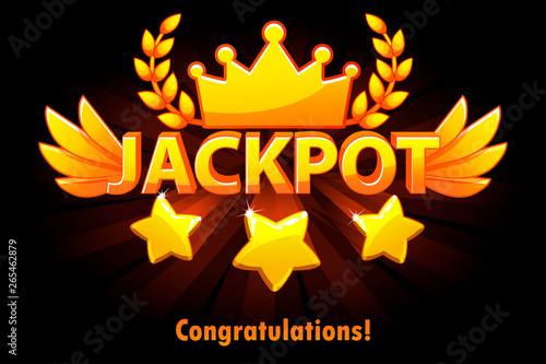 Jackpot gold casino lotto label with shooting stars on black background. Casino jackpot winner awards with golden text and wings. Vector objects on separate layers.