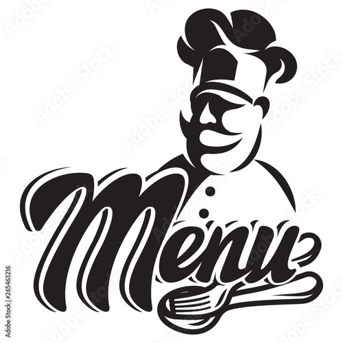 Vector monochrome template for a menu with a chef, fork, spoon