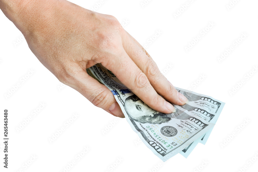 American dollar bills in hand. 100 dollar bills isolated on white background. American dollar bills in hand. 100 dollar bills isolated on white background.