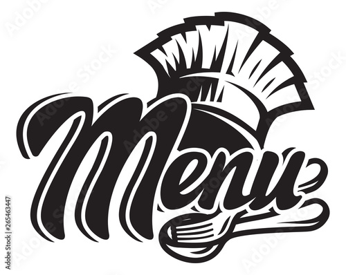 Vector monochrome template for a menu with a chef s hat, fork, spoon