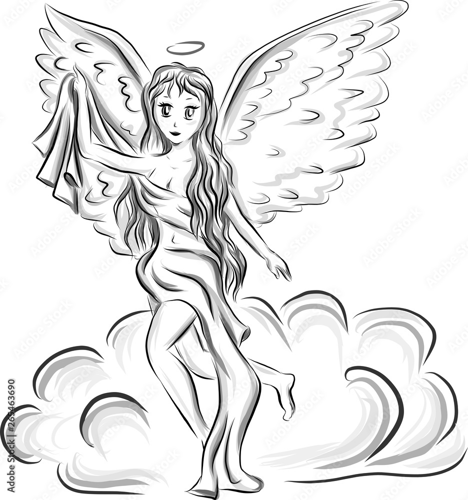 Anime girl angel on cloud. Can be used in greeting cards, tatoo, and else. Anime girl angel on cloud. Can be used in greeting cards, tatoo, and else.