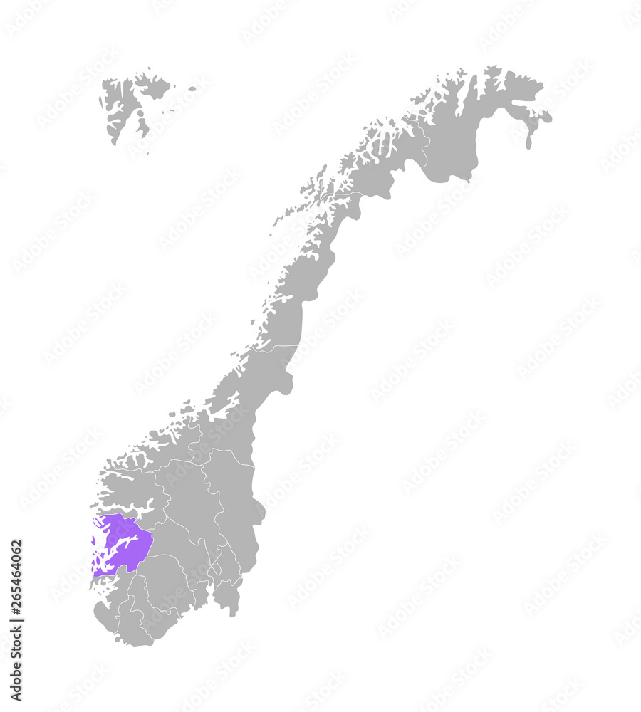 Obraz premium Vector isolated simplified illustration with grey silhouette of Norway, violet contour of Hordaland