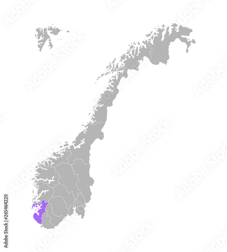 Vector isolated simplified illustration with grey silhouette of Norway, violet contour of Rogaland