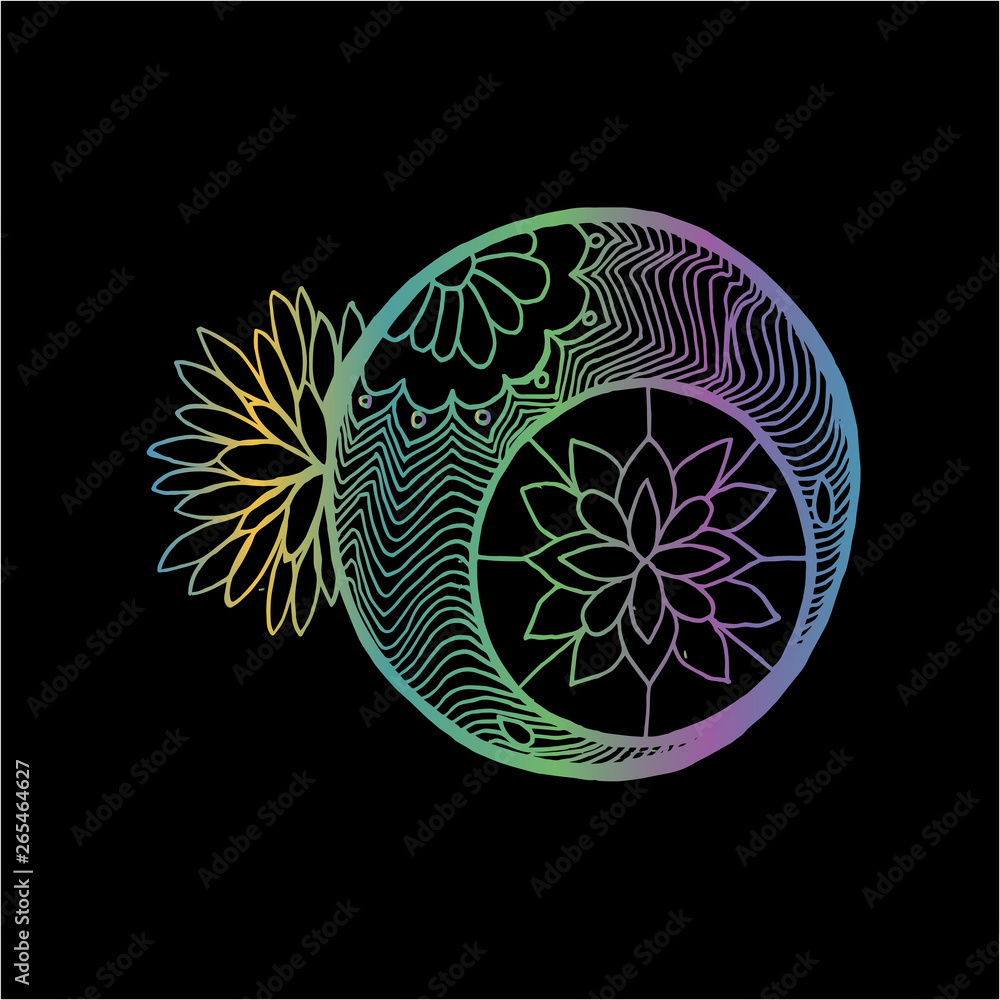 Color drawing with the moon - a mandala with patterns and flowers. Color drawing with the moon - a mandala with patterns and flowers.