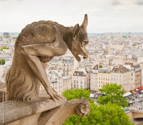 Notre-Dame Cathedral's Chimera and view of Paris. France
