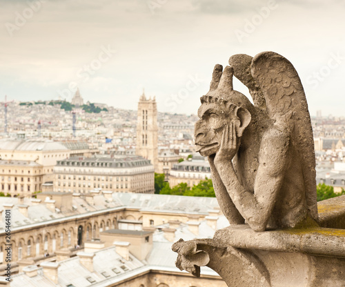 Strix (stryge) of Notre-Dame Cathedral and view of Paris. France