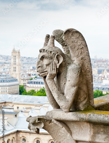 Strix (stryge) of Notre-Dame Cathedral and view of Paris. France