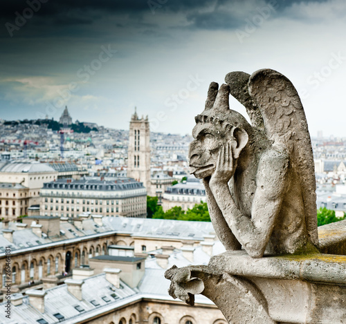 Strix (stryge) of Notre-Dame Cathedral and view of Paris. France © E.O.