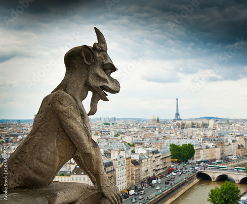 Chimera of Notre-Dame Cathedral and view of Paris from above. Gloomy sky in summer day. France