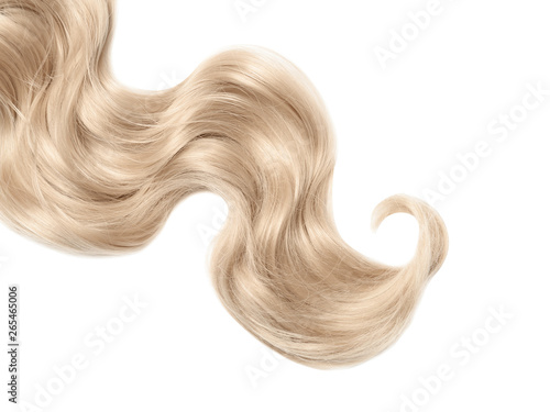Lock of blonde wavy hair on white background, top view