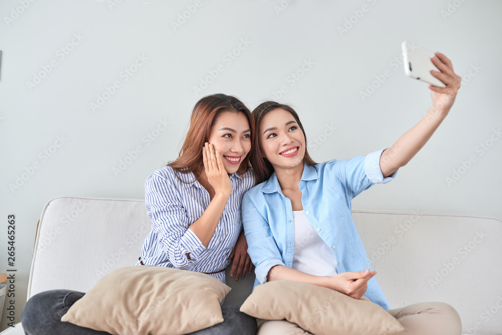 Close up portrait of two excited girlfriends with mobile phones, laughing. Happy joyful female friends resting at home, enjoying talks, having fun. Close up portrait of two excited girlfriends with mobile phones, laughing. Happy joyful female friends resting at home, enjoying talks, having fun.