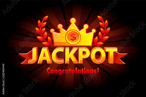 Jackpot gold casino lotto label with crown. Casino jackpot winner awards with golden text and red ribbon. Vector objects on separate layers. photo