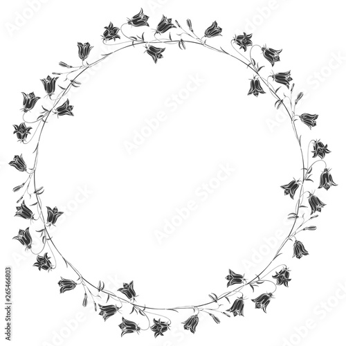 Floral round background with bluebells and place for text. Vector illustration on a white background. Invitation, greeting card or an element for your design.