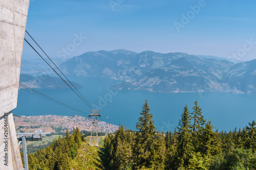 Beautiful summer panoramic view of the Swiss Alps. Lake Lucerne in the background