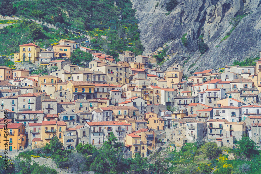 Pietrapertosa town, small village on the Lucanian Dolomites, province of Matera, Basilicata, Italy. the city is opposite to the city of Castelmezzano
