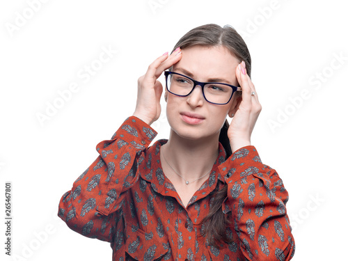 Valokuva Young brunette woman with eyeglasses wearing red patterned blouse feeling headache