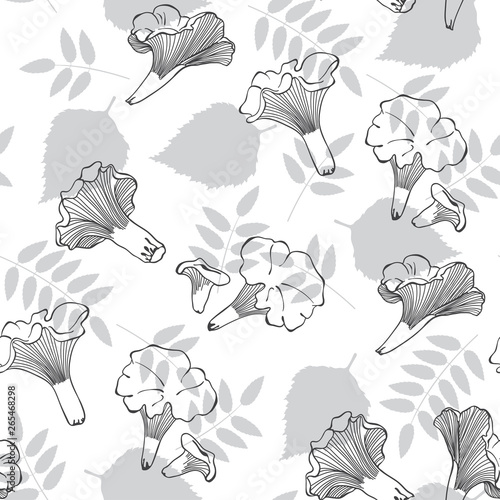 Seamless vector pattern with chanterelles and foliage. Nature cartoon background. Forest illustration.