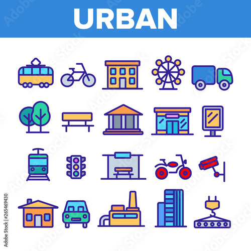 Urban, City Life Thin Line Icons Set. Urban Architecture, Transportation, Industry Linear Illustrations. Municipal Government Buildings. City Traffic, Road Safety, CCTV Monitoring Contour Pictograms