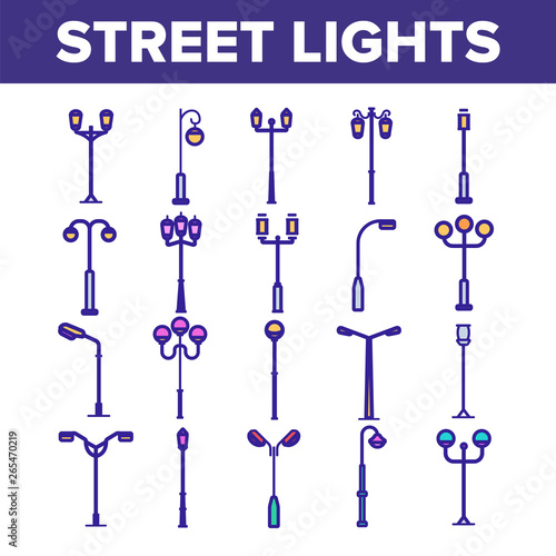 Street Lights Linear Vector Icons Set. Streetlights Thin Line Contour Symbols Pack. City Illumination Pictograms Collection. Old Fashioned Lantern, Lamp. Electricity Equipment Outline Illustrations