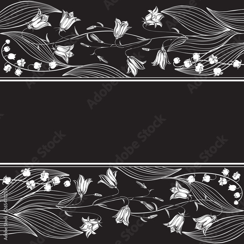 Floral frame with wild flowers and place for text. Bluebells and lilies of the valley. Vector illustration on black background. Invitation, greeting card or an element for your design.