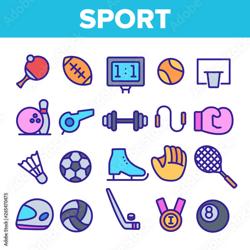 Sports Games Equipment Linear Vector Icons Set. Sport Activities Thin Line Contour Symbols Pack. Team Games Pictograms Collection. Healthy Lifestyle. Professional Sportsmanship Outline Illustrations