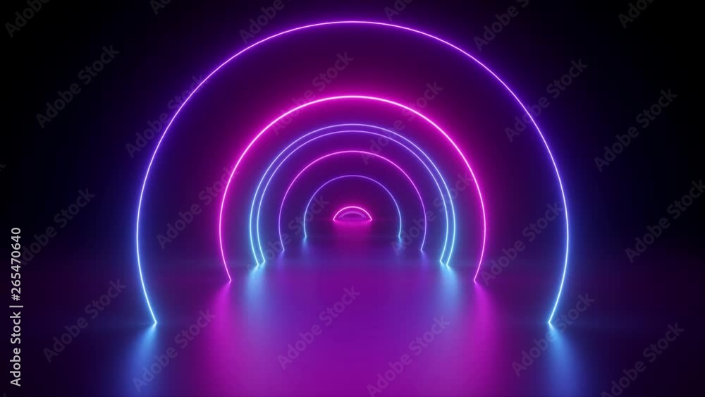 3d render, flight inside tunnel, neon light abstract background, round arcade, portal, rings, circles, virtual reality, ultraviolet spectrum, laser show, fashion podium, stage, floor reflection