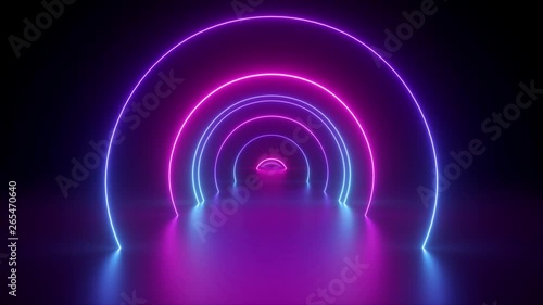3d render, flight inside tunnel, neon light abstract background, round arcade, portal, rings, circles, virtual reality, ultraviolet spectrum, laser show, fashion podium, stage, floor reflection