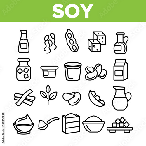 Soy Products, Food Linear Vector Icons Set. Vegetarian Soy Food Symbols Pack. Vegan Ingredients Pictograms Collection. Isolated Cooking Signs. Eco, Natural meat substitutes Items Outline Illustrations