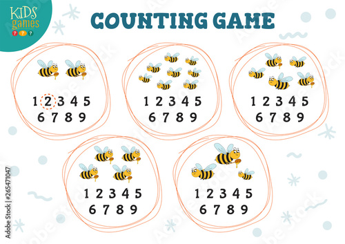 Counting game with many bees for preschools kids vector illustration