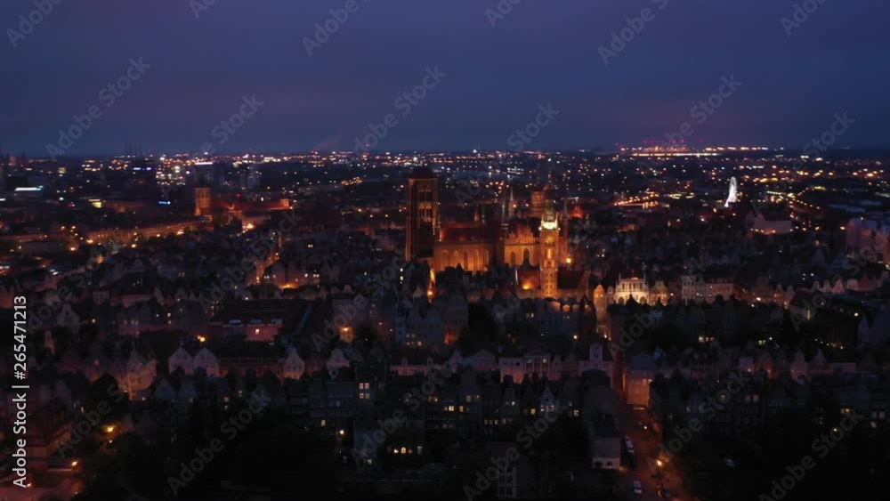 Aerial: Old town of Gdansk at night Aerial: Old town of Gdansk at night