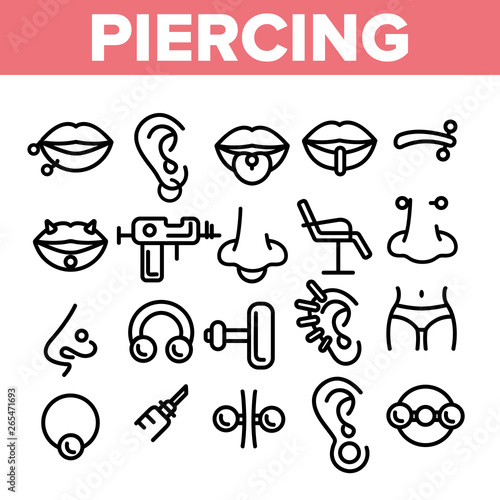 Piercing Salon Theme Linear Vector Icons Set. Piercing Earrings, Ball closure Ring Symbols Pack. Stainless Steel Jewelry Pictograms . Professional Tool, Equipment Signs, Outline Illustrations