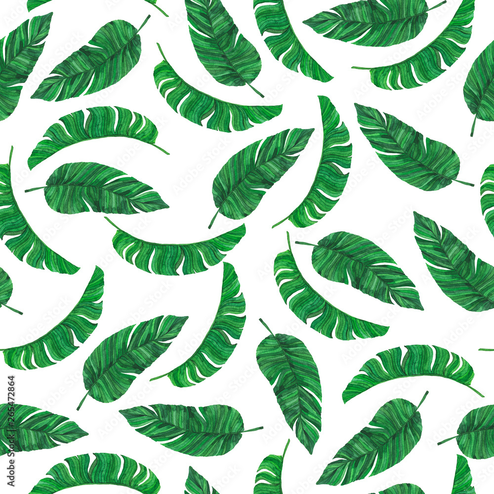 Seamless pattern with tropical green banana leaves on white background. Hand drawn watercolor illustration.