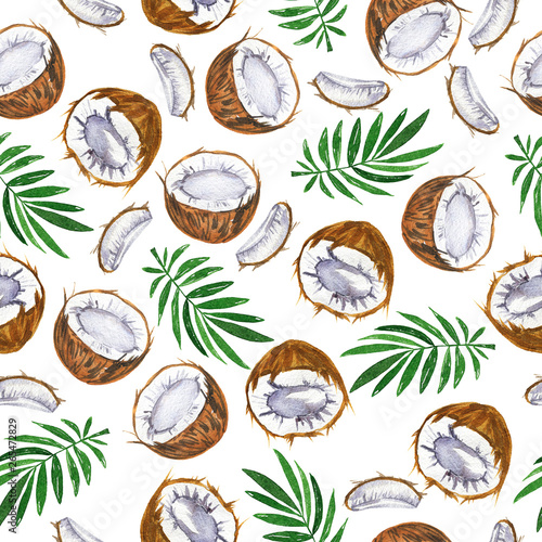 Seamless pattern with tropical coconut and palm tree leaves on white background. Hand drawn watercolor illustration. 